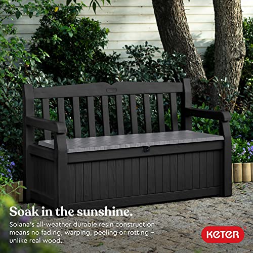 Keter Solana 70 Gallon Storage Bench Deck Box for Patio Storage, Front Porch Decor and Outdoor Seating – Perfect to Store Garden Tools and Pool Floats, Graphite