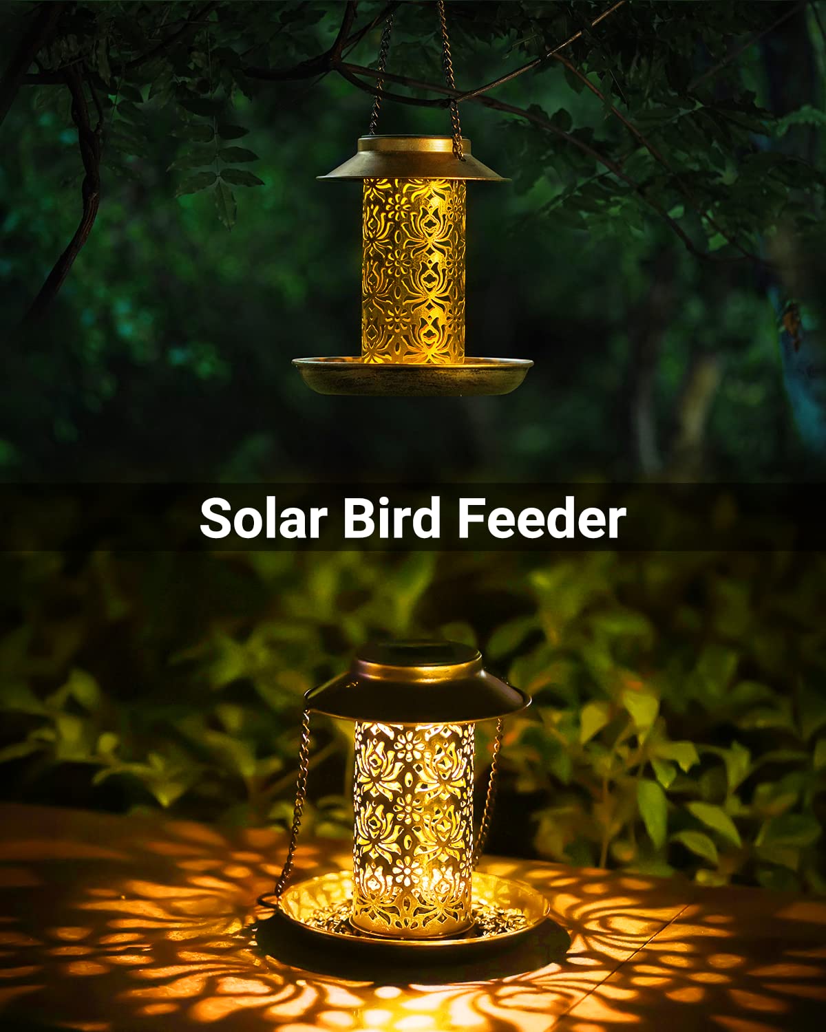 SWEETFULL Solar Bird Feeder for Outdoors Hanging, Metal Wild Bird Feeder for Cardinals Solar Garden Lantern with S Hook as Gift for Bird Lovers (2LBs Heavy Duty birdfeeders)