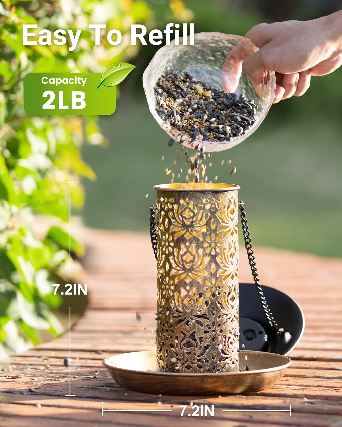 SWEETFULL Solar Bird Feeder for Outdoors Hanging, Metal Wild Bird Feeder for Cardinals Solar Garden Lantern with S Hook as Gift for Bird Lovers (2LBs Heavy Duty birdfeeders)