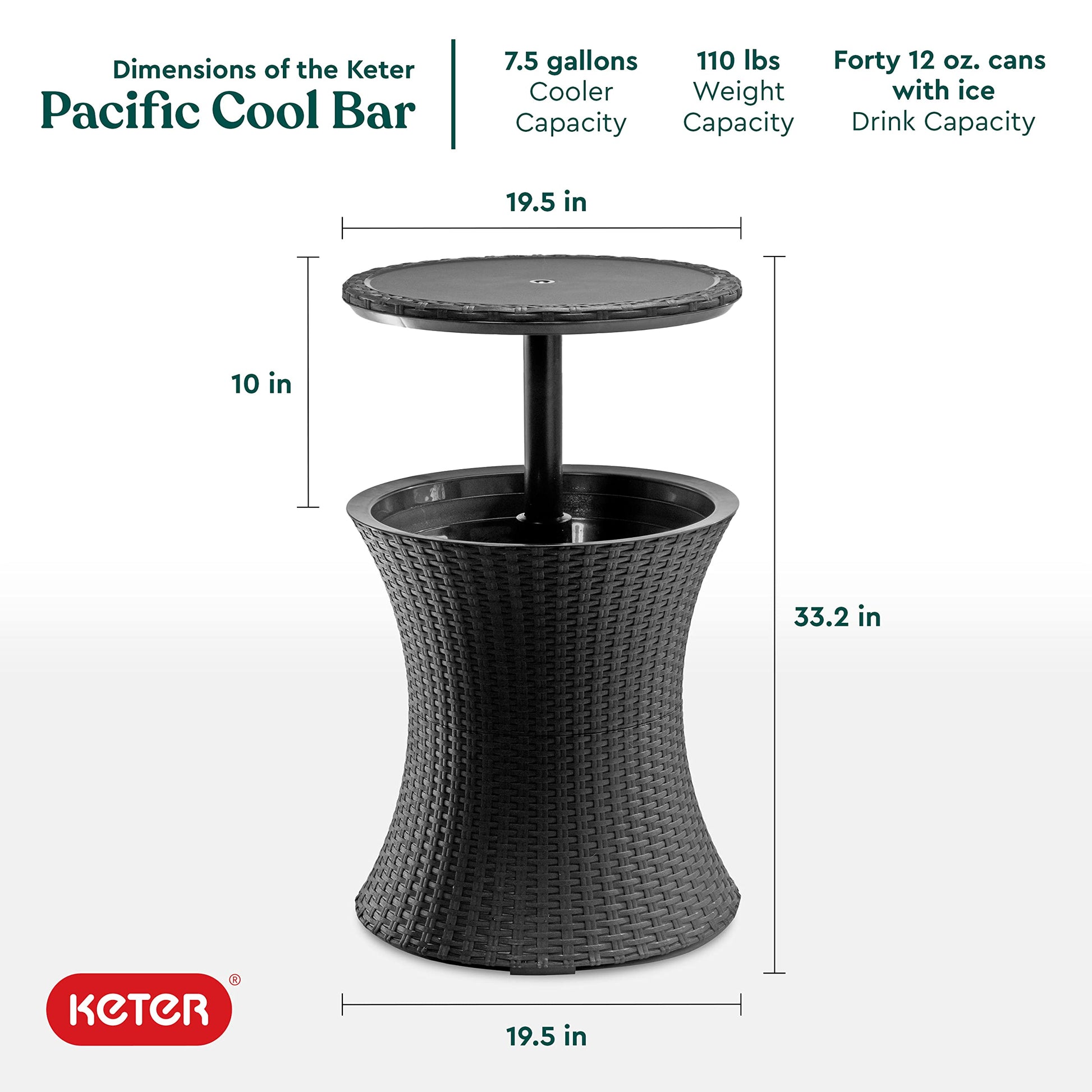 Keter Pacific Cool Bar Outdoor Patio Furniture and Hot Tub Side Table with 7.5 Gallon Beer and Wine Cooler, Dark Grey