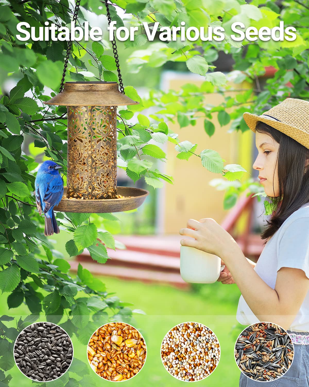 SWEETFULL Solar Bird Feeder for Outdoors Hanging, Metal Wild Bird Feeder for Cardinals Solar Garden Lantern with S Hook as Gift for Bird Lovers (2LBs Heavy Duty birdfeeders)