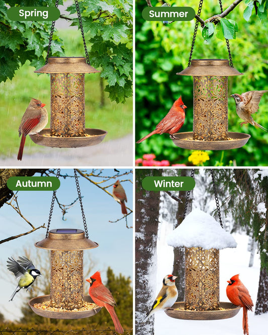 SWEETFULL Solar Bird Feeder for Outdoors Hanging, Metal Wild Bird Feeder for Cardinals Solar Garden Lantern with S Hook as Gift for Bird Lovers (2LBs Heavy Duty birdfeeders)